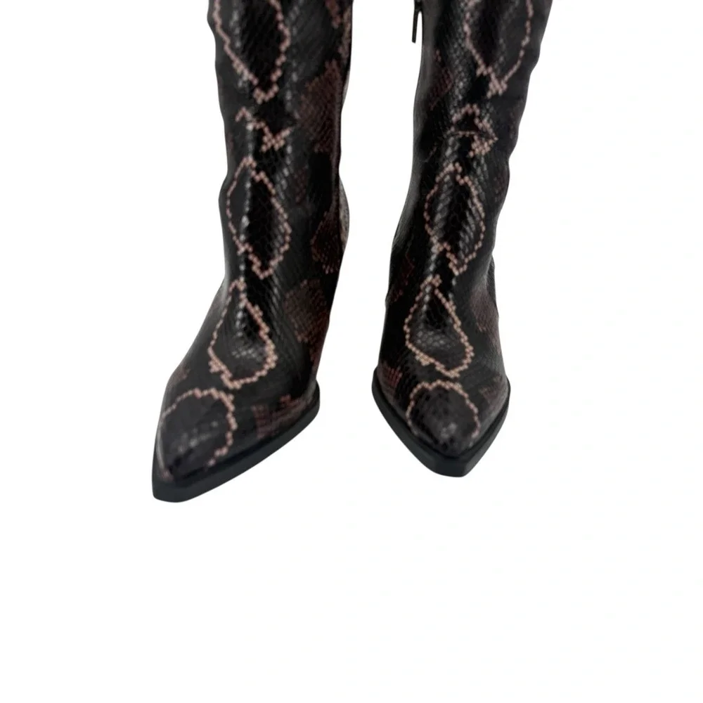 Vince Camuto Gravana Snake Print Knee High Boots Size 7.5 Brown Pointed Toe New